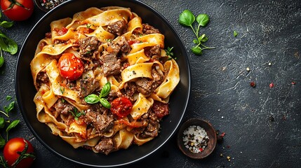Poster - Pasta pappardelle with beef ragout sauce in black bowl Grey background Close up Top view : Generative AI