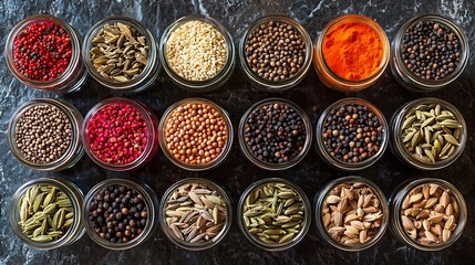 Poster - Spices assortment in jars fennel coriander cumin seed Grey stone background Top view Copy space : Generative AI
