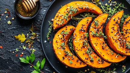 Poster - Roasted pumpkin with honey glaze and herbs on a black plate Slate background Top view : Generative AI