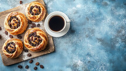 Poster - Fresh danish pastry with raisins and cup of black coffee on blue background Close up : Generative AI