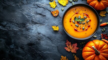 Poster - Pumpkin and carrot soup with pumpkin seeds on grey stone background Top view : Generative AI