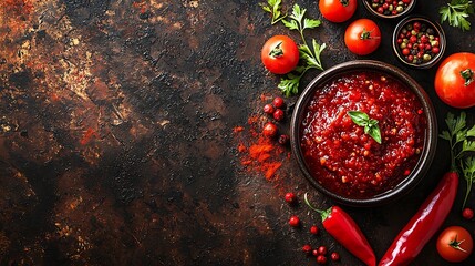 Poster - Vegetable relish chutney lutenica pindjur Traditional Balkan food Copy space Top view : Generative AI
