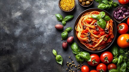 Poster - Pasta spaghetti with tomato sauce olives and fresh basil Grey background Copy space Top view : Generative AI