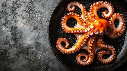 Poster - Octopus in a black frying pan Black stone background Copy space Top view : Generative AI