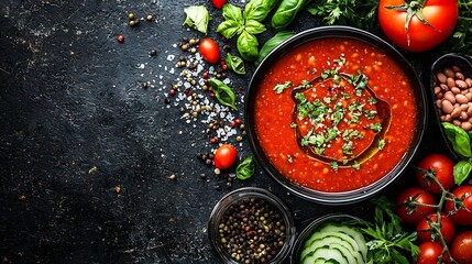 Poster - Tomato and bean soup in black bowl Mexican cuisine Top view : Generative AI