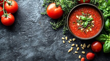 Poster - Tomato soup with fresh herbs and pine nuts in a bowl Grey stone background Close up : Generative AI