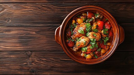 Poster - Tagine with cooked chicken and vegetables Wooden background Copy space Top view : Generative AI