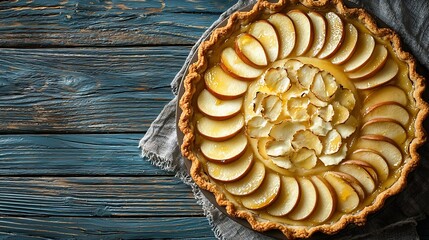 Poster - Apple pie with cream on a blue wooden background Top view : Generative AI