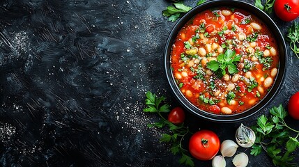 Poster - Bean soup in a black bowl Grey background Copy space Top view : Generative AI