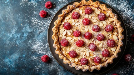 Poster - Almond and raspberry cake Bakewell tart Traditional British pastry Top view Copy space Blue background : Generative AI