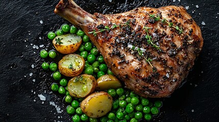 Poster - Roasted lamb leg with potato and green peas Black background Top view : Generative AI