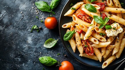 Poster - Pasta penne with roasted tomato sauce mozzarella cheese Grey stone background Copy space Top view : Generative AI