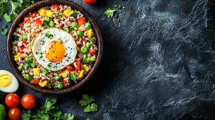 Poster - Asian fried rice with egg and vegetables Dark stone background : Generative AI