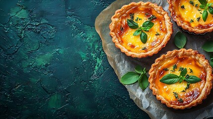 Poster - Egg tart traditional Portuguese dessert pastel de nata on a parchment paper Blue background : Generative AI