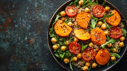 Poster - Healthy vegetarian salad Pumpkin quinoa chickpea tomatoes green salad Buddha bowl Slate background Copy space : Generative AI