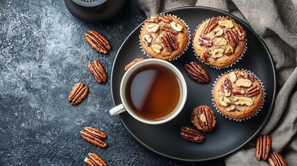 Poster - Pecan nuts muffins cake with cup of tea on a plate Grey background Top view : Generative AI