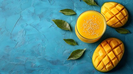 Poster - Fresh tropical fruit smoothie mango juice and fresh mango on blue background : Generative AI