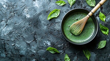 Aufkleber - Matcha green tea cooking process in a bowl with bamboo whisk Black slate background Top view : Generative AI
