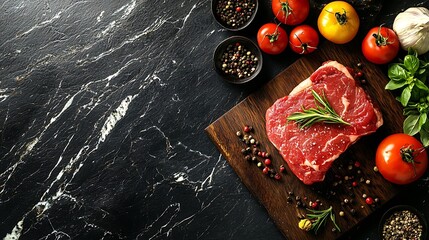 Poster - Raw beef steak with spices and ingredients for cooking Top view Copy space : Generative AI