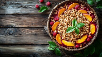 Poster - Berry peach crumble crisp in a baking dish Wooden background Top view : Generative AI
