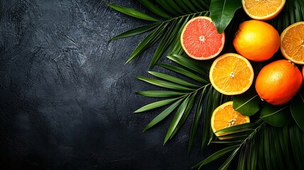 Poster - Tropical fruits assortment palm leaf background Close up : Generative AI