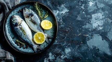 Poster - Raw fish dorado on a plate Black stone background Close up Top view : Generative AI