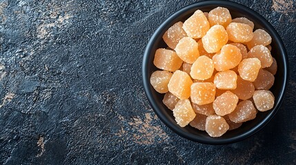 Poster - Candied ginger in black bowl on dark stone background Top view Copy space : Generative AI
