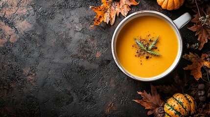 Poster - Pumpkin vegetable cream soup in white pot and bowl Grey background Close up Top view : Generative AI