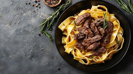 Poster - Pasta pappardelle with beef ragout sauce in black bowl Grey background Top view : Generative AI