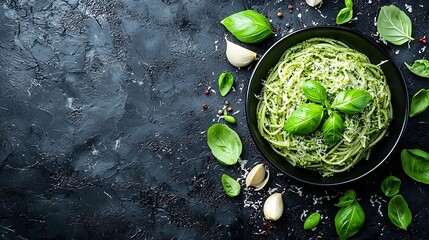 Poster - Pasta spaghetti with pesto sauce and fresh basil leaves in black bowl Grey background Copy space Top view : Generative AI