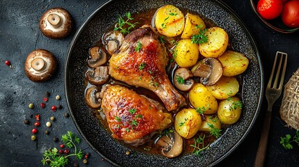 Poster - Duck legs confit with potato gratin and mushroom sauce Restaurant serving Copy space Top view : Generative AI