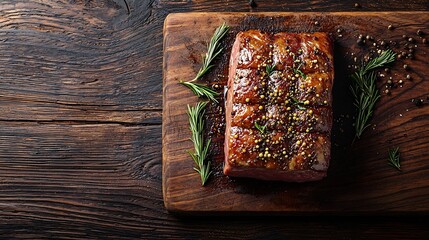 Poster - Roast beef on cutting board Wooden background Top view : Generative AI