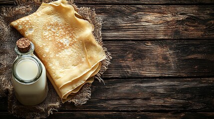Poster - Thin crepes or pancakes with fresh pumpkin confiture jam and bottle of milk on a rustic wooden background Top view : Generative AI