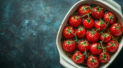 Poster - Roasted cherry tomatoes in baking dish Grey background Copy space Top view : Generative AI