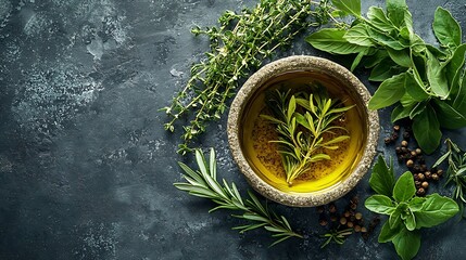 Poster - Fresh herbs in stone bowl with olive oil and spices Grey background Copy space Top view : Generative AI
