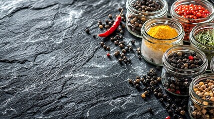 Poster - Spices in jars fennel chili pepper flakes black peppercorns Slate background Top view Copy space : Generative AI