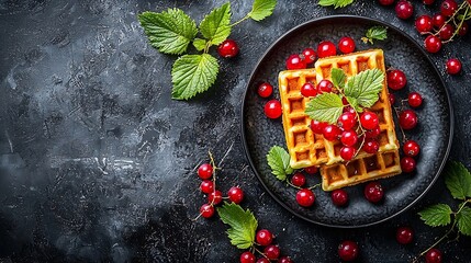 Poster - Belgian waffles with fresh red currant berries Dark slate background Copy space : Generative AI