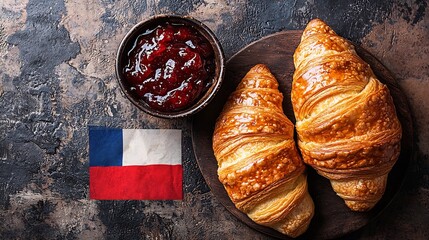 Poster - Croissant with coffee jam butter and French flag Continental breakfast concept Copy space Top view : Generative AI