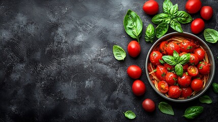 Poster - Pasta spaghetti with tomato sauce olives and fresh basil Puttanesca recipe Grey background Close up : Generative AI