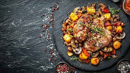 Aufkleber - Duck leg confit with mushroom sauce on black plate Slate background Copy space Top view : Generative AI