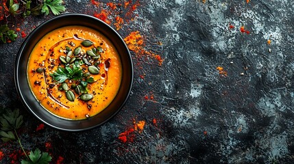 Poster - Pumpkin cream soup with pumpkin seeds in a black bowl Grey stone slate background : Generative AI
