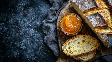 Poster - Sourdough bread on wooden cutting board with butter and orange jam Grey background Top view Close up : Generative AI