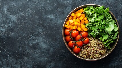 Poster - Healthy vegetarian salad Roasted pumpkin quinoa tomatoes green salad Buddha bowl Slate background Top view : Generative AI