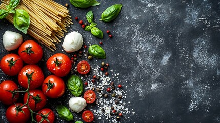 Poster - Pasta fusilli with mozzarella cheese tomatoes and basil Dark background Close up Top view : Generative AI