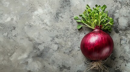 Aufkleber - Red onion with fresh green sprouts on grey stone background Top view Copy space : Generative AI