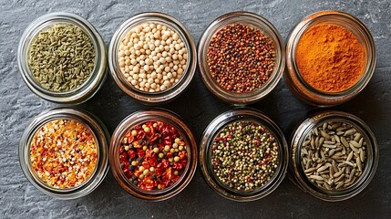 Poster - Assortments of spices white pepper chili flakes lemongrass coriander and cumin seeds in jars on grey stone background Top view Copy space : Generative AI