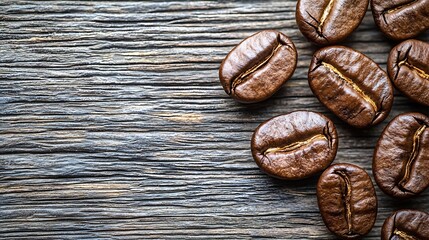 Poster - Freshly roasted coffee beans on a wooden background Copy space : Generative AI