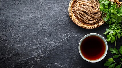 Poster - Soba noodles with sauce and garnishes Japanese food Black slate background Close up : Generative AI