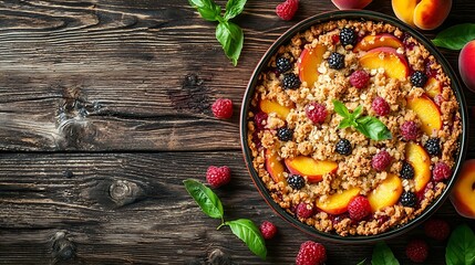 Poster - Peach and berry crumble in a baking dish Top view Copy space : Generative AI