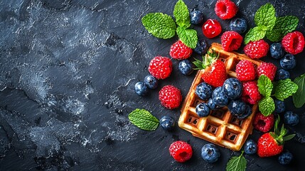 Poster - Belgian waffle Slate background Copy space Top view : Generative AI